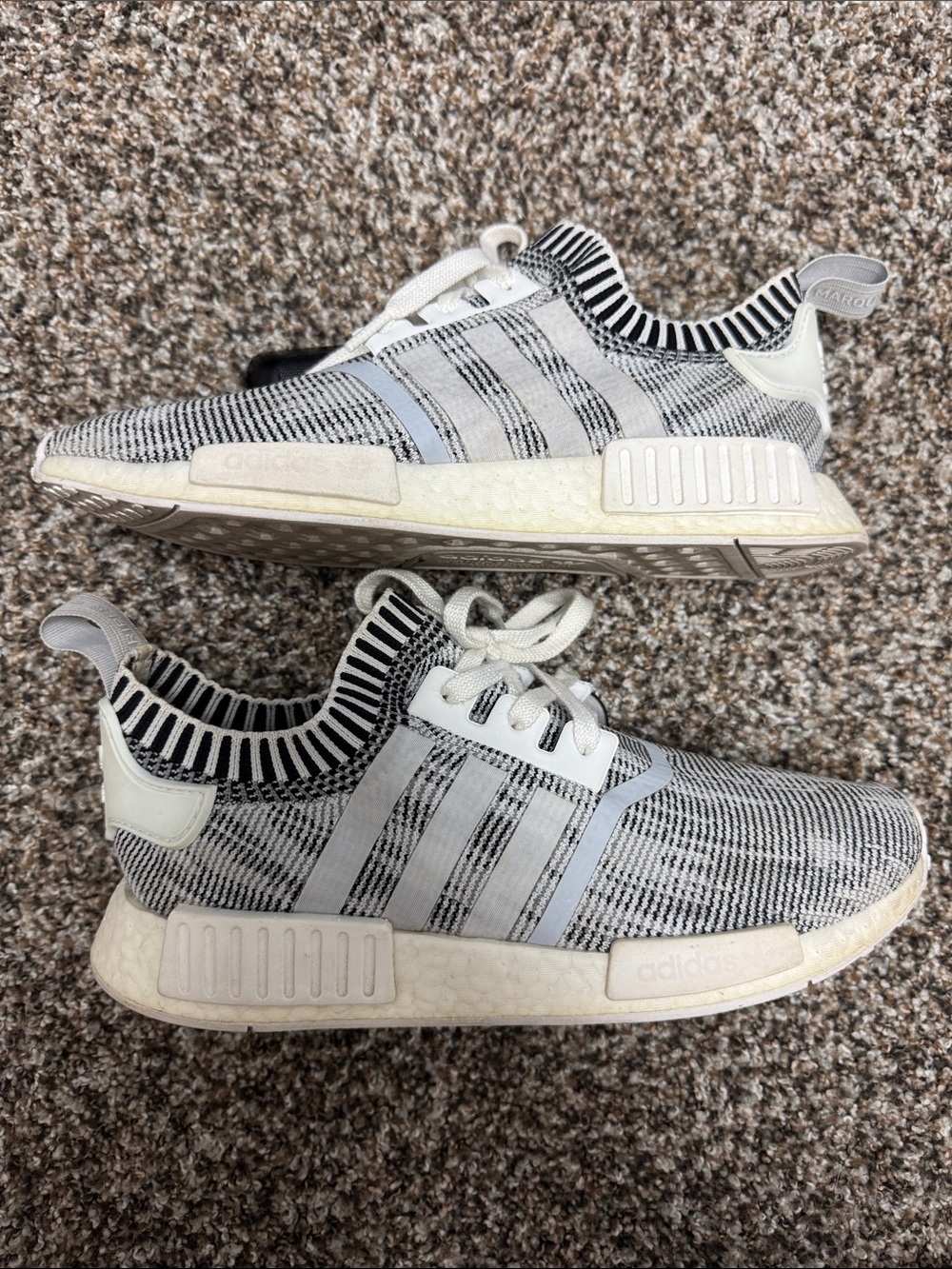 adidas Men’s NMD R1 Primeknit Sneakers in White and Black Stripe “Glitch”